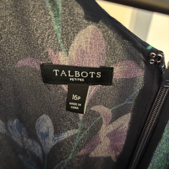 Talbots EUC Women's Navy Floral Chiffon Surplice Neck Sleeveless Dress 16P - Picture 4 of 7